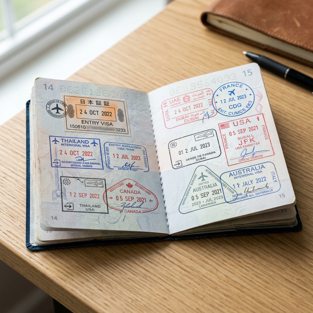 Passport open on desk